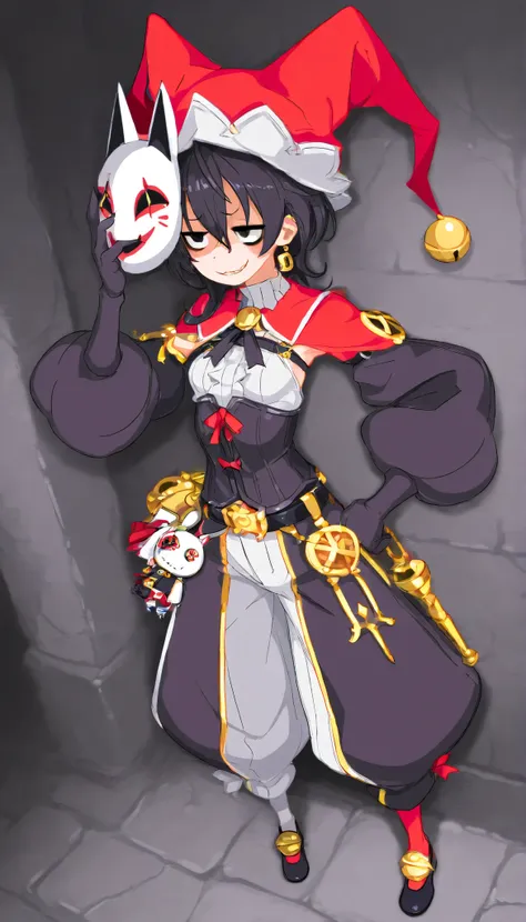 high quality ,very detailed ,(guy:1,9), jester face mask ,smug, dark circles under the eyes ,(long unkempt hair :1,8), a femboy , slim, , the ideal body , Cute, jester's medieval fantasy clothing, a corset, jacket with (black, orange). hat with bells, Mult...