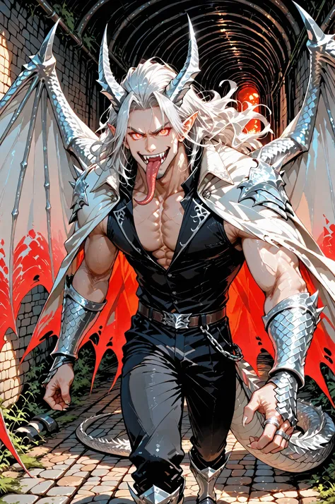 (Portrait, close-up focus on the face.) Middle-aged mature dragon hybrid. He has snow-white silver metallic skinc covered dragon scales. He has muscular, masculine build,toned waist, wide shoulders, big pectorals and relief abs. He has pointed ears, silver...