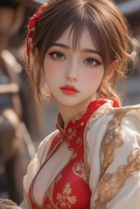 masterpiece,best quality,bright colors,solo,photo_,(1girl:1.3),(sitting:1.3),(looking at viewer:1.4),Elegant,detailed gorgeous face,(cowboy shot:1.4),realistic,GFSY,hair ornament,chinese clothes,hair bun,big breast(1.3),