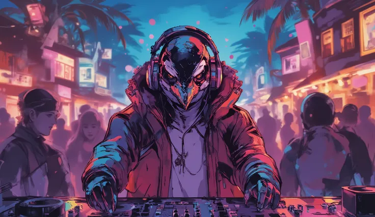 tropical resort party night、A penguin wearing big HIPHOP clothes、wearing headphones and standing in the DJ booth、dynamic composition in solution、high definition、beautiful in every detail、anime style、Super high quality、Highest Quality、8k resolution