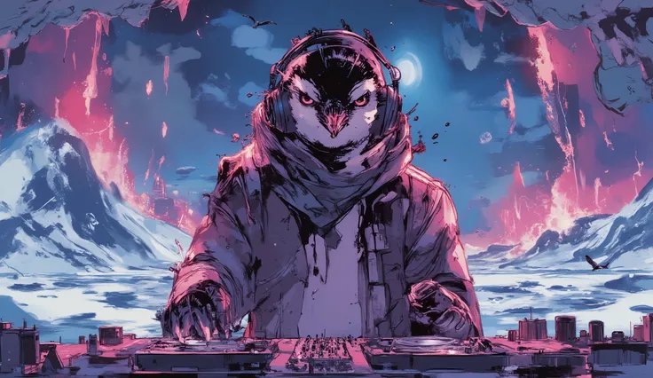 party night on ice floes、A penguin wearing big HIPHOP clothes、wearing headphones and standing in the DJ booth、dynamic composition in solution、high definition、beautiful in every detail、anime style、Super high quality、Highest Quality、8k resolution