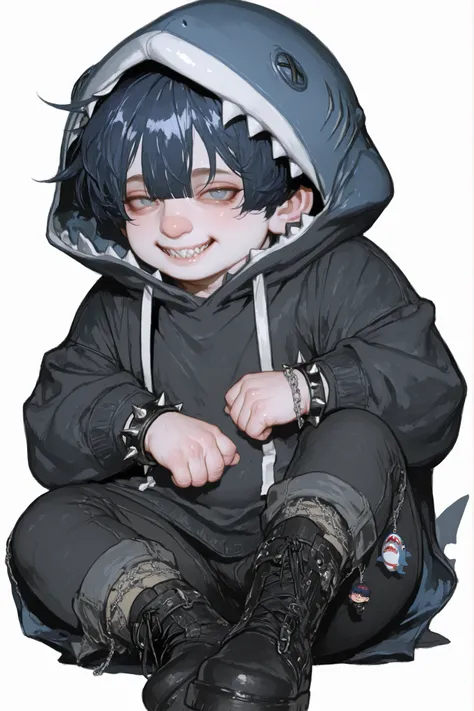 semi-realistic midjorney art style of a chubby young man. Chibi, Hes got dark blue emo cropped bangs that cover his eyes completely. Hes got a chubby soft and round cherubic face with pale skin. Hes got sharp teeth grin. He has a chubby body with soft ches...