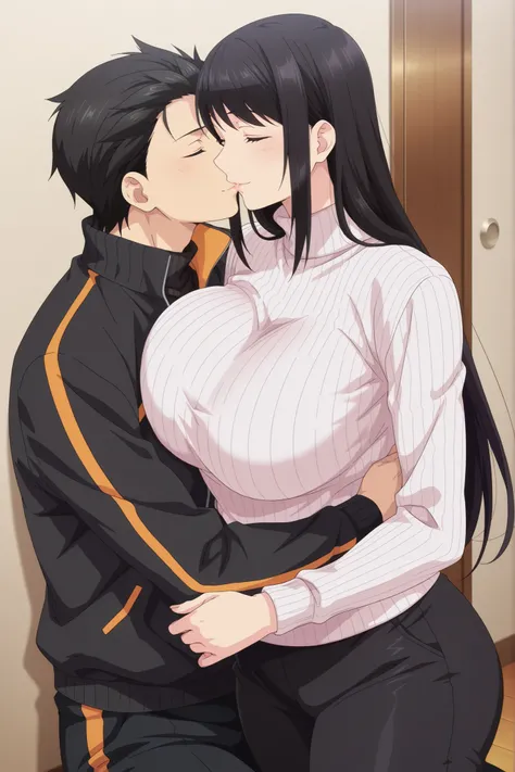 newest , masterpiece , anime screencap , anime coloring , hanyuyuzuki, 1girl, adult female, solo, close eyes, black hair, long hair, black swept bangs, glamorous bodies, attractive bodies, large Curvy, Slutty, Neat, big breasts, thick thighs, Toned thighs...