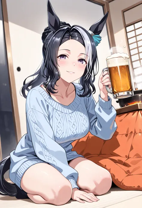 (masterpiece, best quality, perfect face:1.4), wide angle, full body, mejiro ramonu \(umamusume\), black hair, white hair, multicolored hair, ((long hair)), wavy hair, purple eyes, mole under eye, ear ornament, horse ears, horse tail, tail on the lower bac...