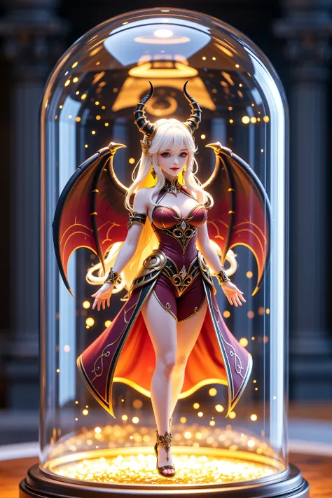 A tall glass tube with a beautiful and elegant oval corner with a miniature figure Realistic Succubus Girl is very beautiful inside it perfectly intact, ((works that highlight Creativity, Realism, Theme Relevance, Innovation Potential in one look Miniature...