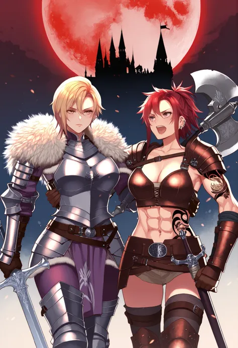 score_9_up , score_8_up , score_7 , masterpiece, fantasy world hidden in a shrine, prairie with European-style castles visible in the distance, Red Moon, 2girl, female warriors wearing metal armor are lined up, (onna_tomodachi, red hair ponytail hair, Wear...