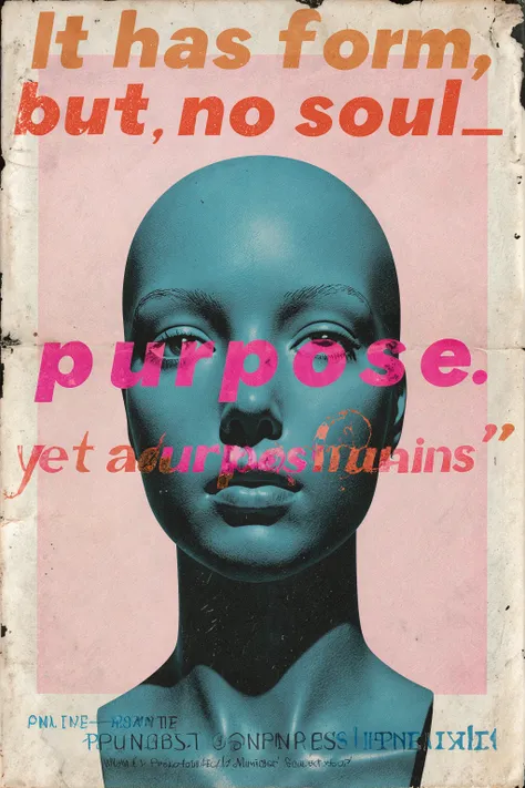 Propaganda Artistic,conceptual pop art poster,(bold typography reading text“It has form, but no soul — yet a purpose remains.”), a realistic mannequin-like human figure,headless, painted in flat pastel tones, vintage silk-screen texture, slightly worn pape...