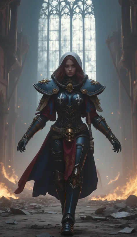 A hyper-realistic, full-body cinematic portrait of a female Sister of Battle Captain walking forward in front of a destroyed gothic cathedral, both arms lowered and spread wide as if welcoming or embracing destiny.
She wears an ornate custom power armor i...