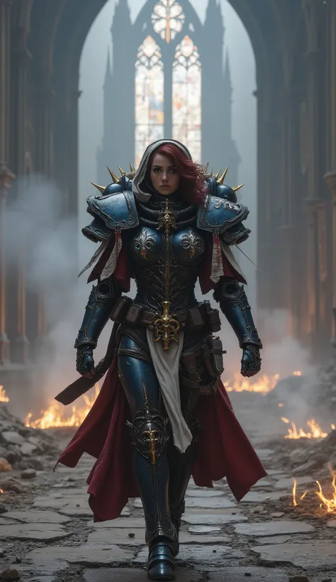 A hyper-realistic, full-body cinematic portrait of a female Sister of Battle Captain walking forward in front of a destroyed gothic cathedral, both arms lowered and spread wide as if welcoming or embracing destiny.
She wears an ornate custom power armor i...