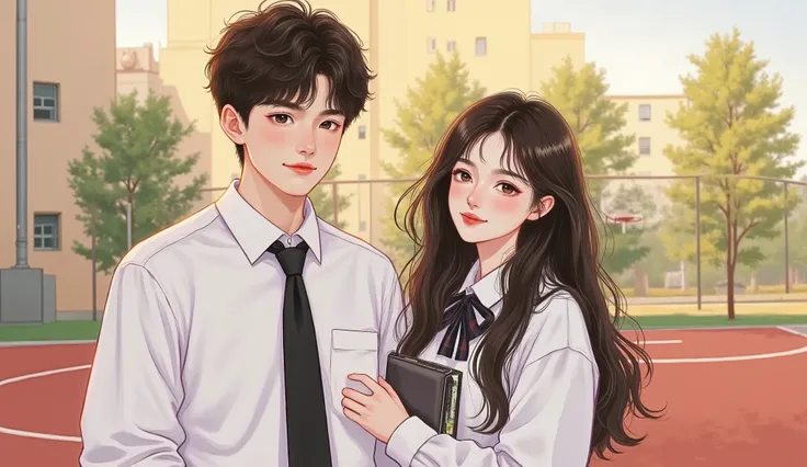 an 18-year-old boy and an 18-year-old girl standing together on a high school basketball court, semi-realistic manhwa style, close-up waist-up shot, both looking directly at the camera with calm gentle expressions, not posing. 
The girl is beautiful with f...
