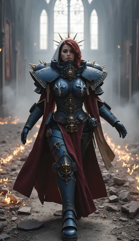 A hyper-realistic, full-body cinematic portrait of a female Sister of Battle Captain walking forward in front of a destroyed gothic cathedral, both arms lowered and spread wide as if welcoming or embracing destiny.
She wears an ornate custom power armor i...