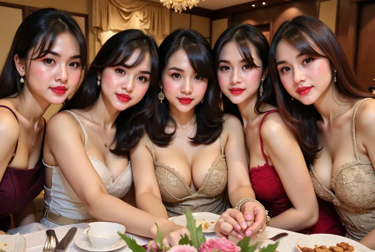 Close-up digital painting art of 5 beautiful woman face taking selfie and sitting together on the restaurant for dinner. All happy vibes and harmonic on this one table. Hyperrealistic , ultra HD , sharp and focus , EXTREME detail , AUTO CORRECT DETAIL FIN...