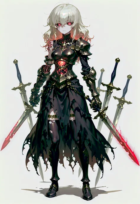 (((anime illustration style)), ((ghost girl)), solo, Full body, fantasy undead wight fighter girl, white shaggy hair, glowing red eyes, black sclera, pale skin! Several swords, rusted to shreds, black thigh-highs, distorted gauntlets, clawed gauntlets, ((s...