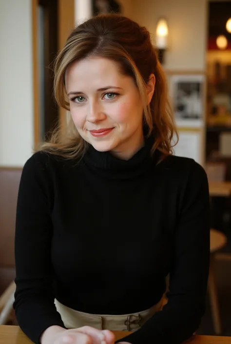 (((HD photo))), ultra high res.photorealistic:. 1.4, UHD, masterpiece, trending on artstation, one girl, ((full body)), Jenna Fisher, Pam Beasly, a young woman with brown hair, wearing a form-fitting black turtleneck sweater, wearing high-waisted beige pan...