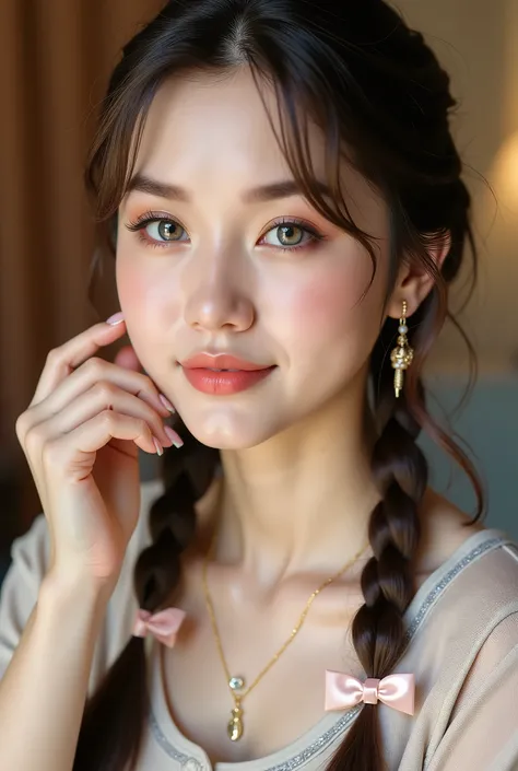 A hyper-realistic portrait of a beautiful young woman with fair, flawless skin and delicate facial features. She has bright, expressive blue-gray eyes with soft eyeliner and long lashes, perfectly shaped eyebrows, and natural pink lips with a subtle gloss....