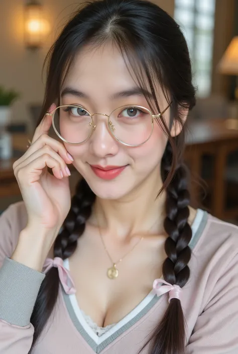 A hyper-realistic portrait of a beautiful asian glasses woman with fair, flawless skin and delicate facial features. She has bright, expressive blue-gray eyes with soft eyeliner and long lashes, perfectly shaped eyebrows, and natural pink lips with a subtl...
