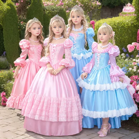 3 European Girls,10 years old,Blonde long hair, blue eyes,full body,The princess's girl,,((pastel colored princess dress,pink silk satin princess dress with large ruffle yoke collar,puff sleeve to put on your stomach,Long Sleeves,ruffle sleeve,lace-up cors...