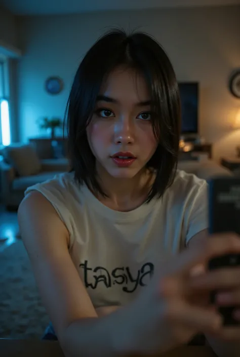A cinematic, intimate photograph of a young woman with short black hair and freckles, wearing a white top with the "Tasya" logo, holding a remote control in her hand as she takes a selfie in her living room. The room is dimly lit, with the only source of l...