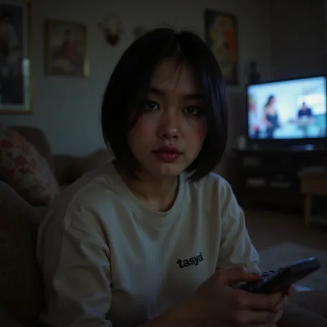 A cinematic, intimate photograph of a young woman with short black hair and freckles, wearing a white top with the "Tasya" logo, holding a remote control in her hand as she takes a selfie in her living room. The room is dimly lit, with the only source of l...