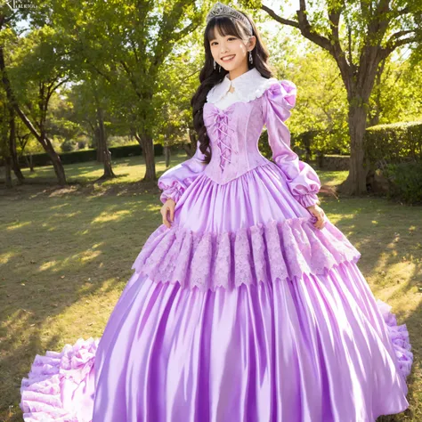full body,Princess Girl Who Grabbed My Collar,10 years old,((Purple Silk Satin Princess Dress, pink silk satin princess dress with hoop skirt, pink silk satin princess dress with hoop skirt with large ruffle yoke collar,Puff Sleeve to Wear on Her Stomach,l...