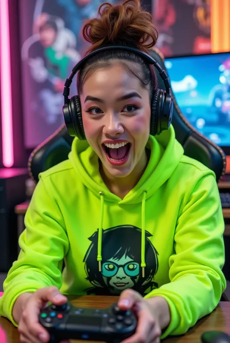 8k, MasterPiece, Top Quality, beautiful muscle woman, clear skin, gamer-themed cute flashy oversized hoodie, bright neon green, character print, headphones over casual updo hair, POV shot, playing video game together (viewer's hands on controller implied n...