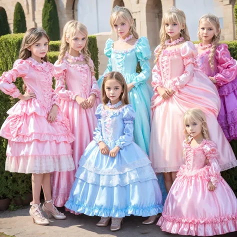 3 European Girls,10 years old,Blonde long hair, blue eyes,full body,The princess's girl,,((Pastel Colored Silk Satin Princess Dress,pink silk satin princess dress with large ruffle yoke collar,puff sleeve to put on your stomach,Long Sleeves,ruffle sleeve,l...