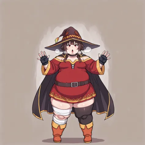 AEMegumindef, red eyes, Brown hair, Belt choker, red dress, off-shoulder dress, Black gloves, fingerless gloves, Belt, mismatched legwear, asymmetrical legwear, bandaged leg, black thighhighs, knee boots, hat, Black cape, small breasts, open mouth, out of ...