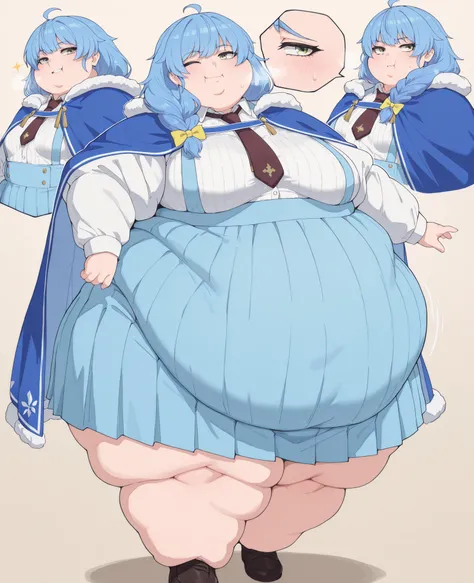 aparida rain, long hair, bangs, green eyes, blue hair, yellow eyes, braid, ahoge, hair bow, grey eyes, single braid, yellow bow, braided ponytail, mature female, small breasts, skirt, shirt, long sleeves, white shirt, pleated skirt, necktie, collared shirt...