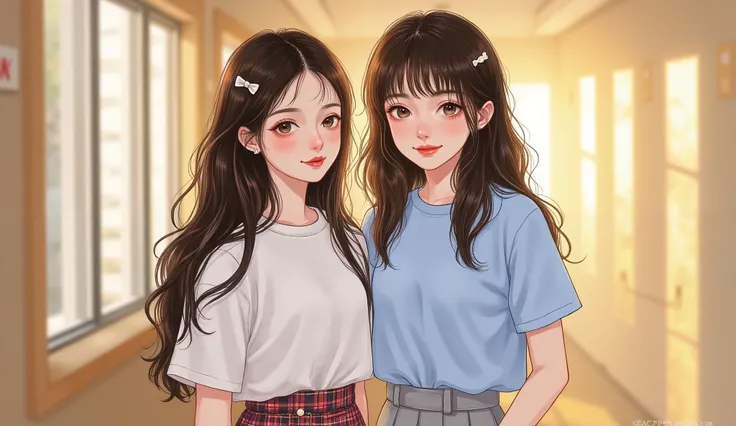 two 18-year-old girls standing together in a high school hallway, semi-realistic manhwa style, medium close-up portrait from chest up, both looking directly at the camera with clear detailed facial features, calm gentle expressions, not posing. 
Sharp focu...
