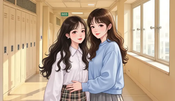 two 18-year-old girls standing together in a high school hallway, semi-realistic manhwa style, close-up waist-up portrait, both looking directly at the camera with soft gentle expressions, not posing. 
The first girl has long straight black hair, fair skin...