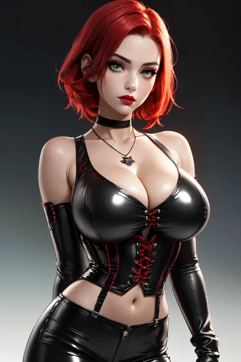 (ultra realistic,32k,RAW photo:1.1),(high detailed skin:1.1), 8k uhd, dslr, high quality, film grain,(makeup, mascara:1.1), lips,(thick\lips\), 
(shiny glossy translucent clothing:1.1), bloodrayne,red hair, (green eyes:0.9), necklace, black choker, bare sh...
