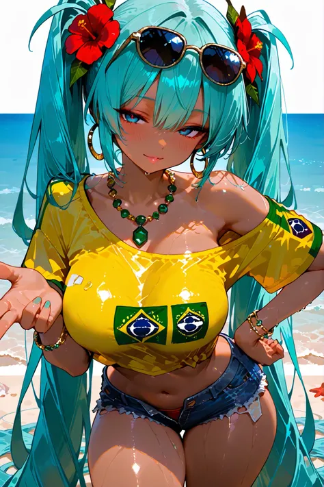 Suchwet,8k wallpaper , semi realistic ,、 best quality 、Masterpiece、 748cm style 、large breast , thick thighs , cute face, beautiful,Female 1 person,1 girl , solo,miku_br, blue eyes, aqua hair, absurdly long hair, twintails, dark skin, hair flower ornam...