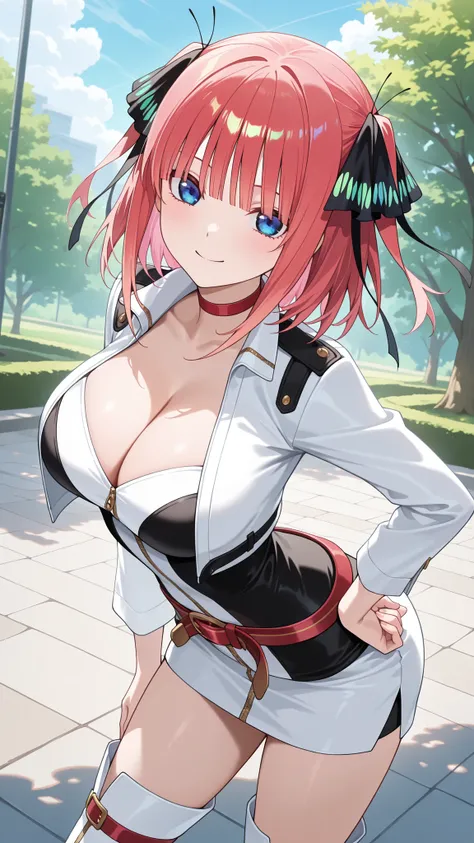 masterpiece,best quality,highre,ultra-detailed,detailed illustration,source_anime,1girl,solo,slender,nino nakano, pink hair, blunt bangs, hair ornament, butterfly hair ornament, black ribbon, hair ribbon, two side up, short hair, red hair,blue eyes,highly...