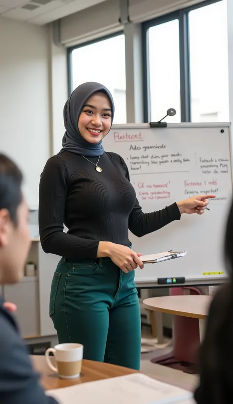 A high-quality, realistic 4K image of a modern classroom scene featuring a female instructor teaching adult students. The instructor is a young woman with large breast wearing long hijab, Top: Fitted black knit tank top.
Bottom: Emerald-green velvet short...