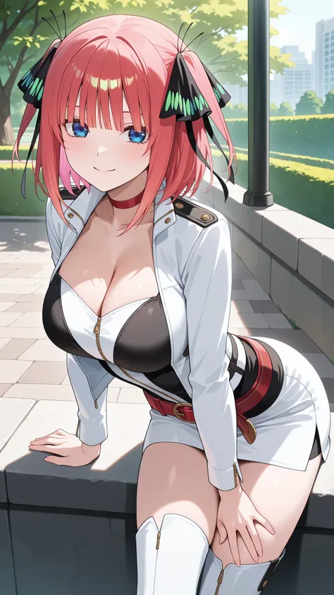 masterpiece,best quality,highre,ultra-detailed,detailed illustration,source_anime,1girl,solo,slender,nino nakano, pink hair, blunt bangs, hair ornament, butterfly hair ornament, black ribbon, hair ribbon, two side up, short hair, red hair,blue eyes,highly...