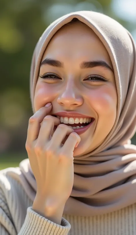 a girl wearing a hijab laughing with a cheerful expression. She said, showing genuine happiness, while covering her mouth, as if holding back the laughter that was about to break out. Her face looks warm and full of life, with the natural lighting making i...