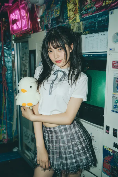 Japanese high school girl、dark haired、Wearing a short-sleeved shirt、The、shirt with a ribbon around the neck is unbuttoned and the navel is visible、wearing a plaid skirt with a ribbon around her neck、I'm wearing white socks、holding a stuffed bird from Twitt...