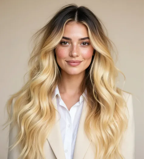 Ultra-realistic 4K studio portrait of a European female digital influencer named Sienna, age 23–27. her hair to long super heavy voluminous blonde balayage hair (dark roots transitioning to bright blonde ends), loose waves with natural movement and body, b...