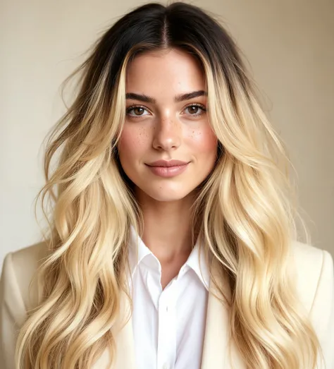 Ultra-realistic 4K studio portrait of a European female digital influencer named Sienna, age 23–27. her hair to long super heavy voluminous blonde balayage hair (dark roots transitioning to bright blonde ends), loose waves with natural movement and body, b...