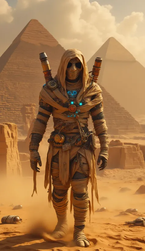 A majestic steampunk pharaoh mummy rises from the golden sands of an ancient Egyptian desert, wrapped in tattered bandages laced with copper gears and glowing blue runes. Brass tubes and steam vents emerge from his back like mechanical wings, exhaling mist...