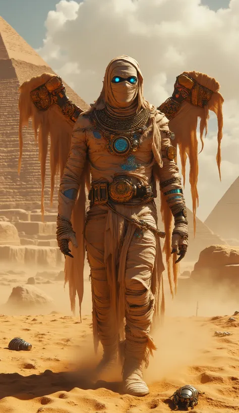 A majestic steampunk pharaoh mummy rises from the golden sands of an ancient Egyptian desert, wrapped in tattered bandages laced with copper gears and glowing blue runes. Brass tubes and steam vents emerge from his back like mechanical wings, exhaling mist...
