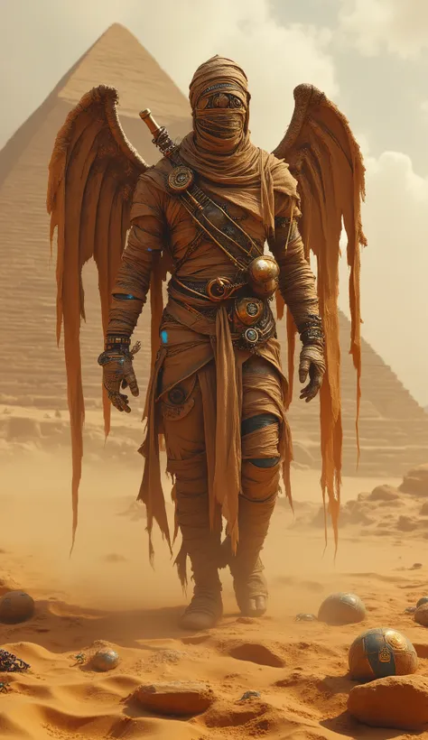 A majestic steampunk pharaoh mummy rises from the golden sands of an ancient Egyptian desert, wrapped in tattered bandages laced with copper gears and glowing blue runes. Brass tubes and steam vents emerge from his back like mechanical wings, exhaling mist...