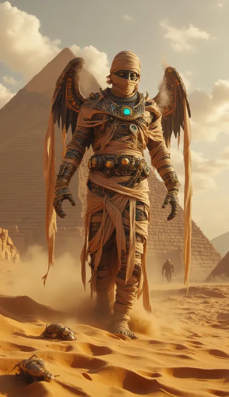 A majestic steampunk pharaoh mummy rises from the golden sands of an ancient Egyptian desert, wrapped in tattered bandages laced with copper gears and glowing blue runes. Brass tubes and steam vents emerge from his back like mechanical wings, exhaling mist...