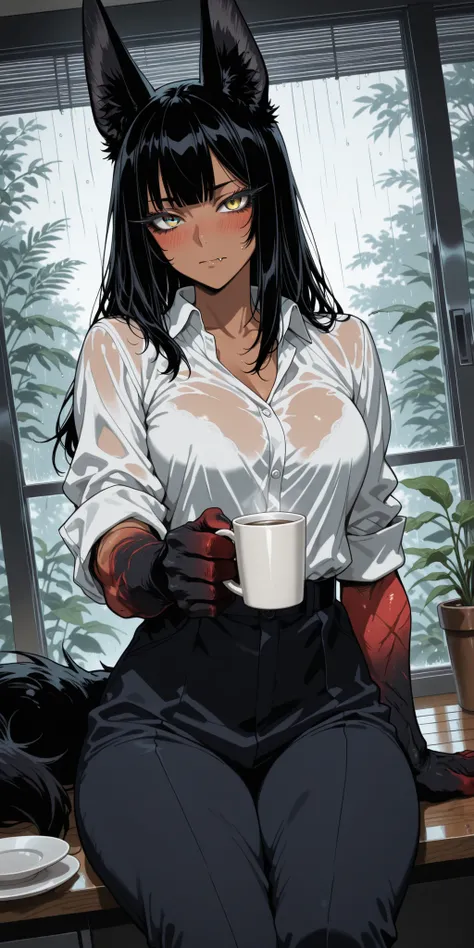 M4gicalL1nes,masterpiece, best quality, dynamic angle, (anime art), (anime coloring), official art, foreshortening, closeup,
solo, female, female focus, jackal girl, broad shoulders, tall woman, long dark hair, yellow eyes, suburb, day, straight bangs, to...