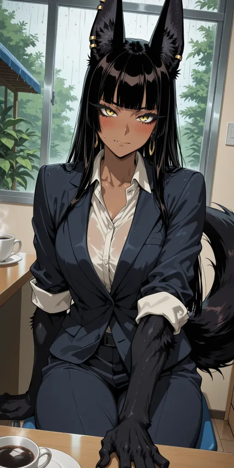 M4gicalL1nes,masterpiece, best quality, dynamic angle, (anime art), (anime coloring), official art, foreshortening, closeup,
solo, female, female focus, jackal girl, broad shoulders, tall woman, long dark hair, yellow eyes, suburb, day, hime cut, toned, j...