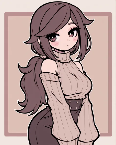 CartoonyIllustrious,elegant girl with dark brown hair in a low ponytail, soft light reflecting on her eyes, wearing a simple turtleneck sweater, warm muted tones of beige, mocha and rose, neo tokyo pop art style, flat color planes, minimal blurred backgrou...