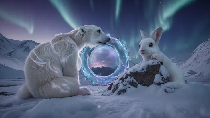 Ethereal dimensional gateway hovering in Arctic wilderness at twilight, pulsing with cosmic energy and appearing somewhat melancholic, while being comforted by a massive, gentle polar bear with intricate frost patterns in its fur. A fluffy white rabbit wit...