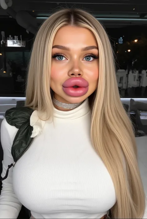 Ultra-realistic front view portrait of a super cute young woman in her 20s with platinum blonde hair with black roots. She has a cute face and long eyelashes. Her facial features are huge fake round bimbo lips, glossy and overfilled, and she has round chee...