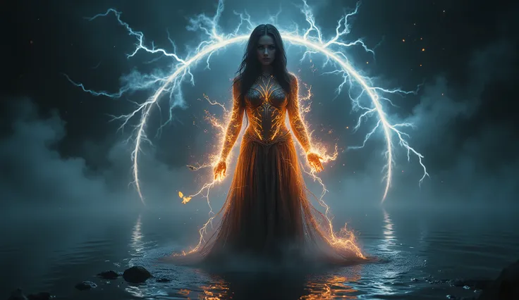 A stunning dark fantasy portrait of a solitary elemental sorceress standing on misty reflective waters. Her body radiates both fire and storm — golden embers drift from her skin like burning butterflies, while arcs of blue lightning pulse around her hands ...