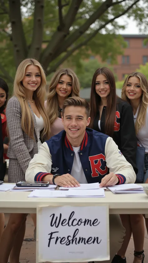 We are attending Freshman Orientation for an University exclusive for billionaire sons and daughters, so they all dress to impress in their collegiate best.

The scene is outdoors in the Quad and there are tables for students to sign up for clubs, etc.

Th...